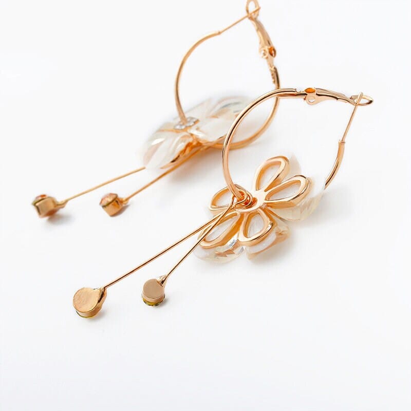 White Flower Dangle Crystal Charm Hoop Earrings, Omega Latch Back Gold Hoop Earrings with Removable Dangles - KaleaBoutique.com
