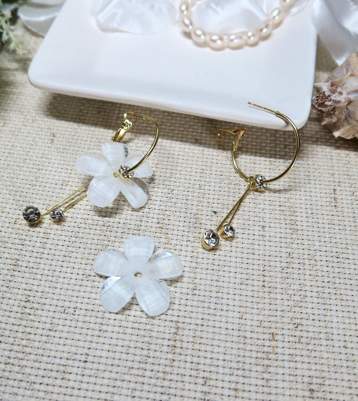 White Flower Dangle Crystal Charm Hoop Earrings, Omega Latch Back Gold Hoop Earrings with Removable Dangles - KaleaBoutique.com