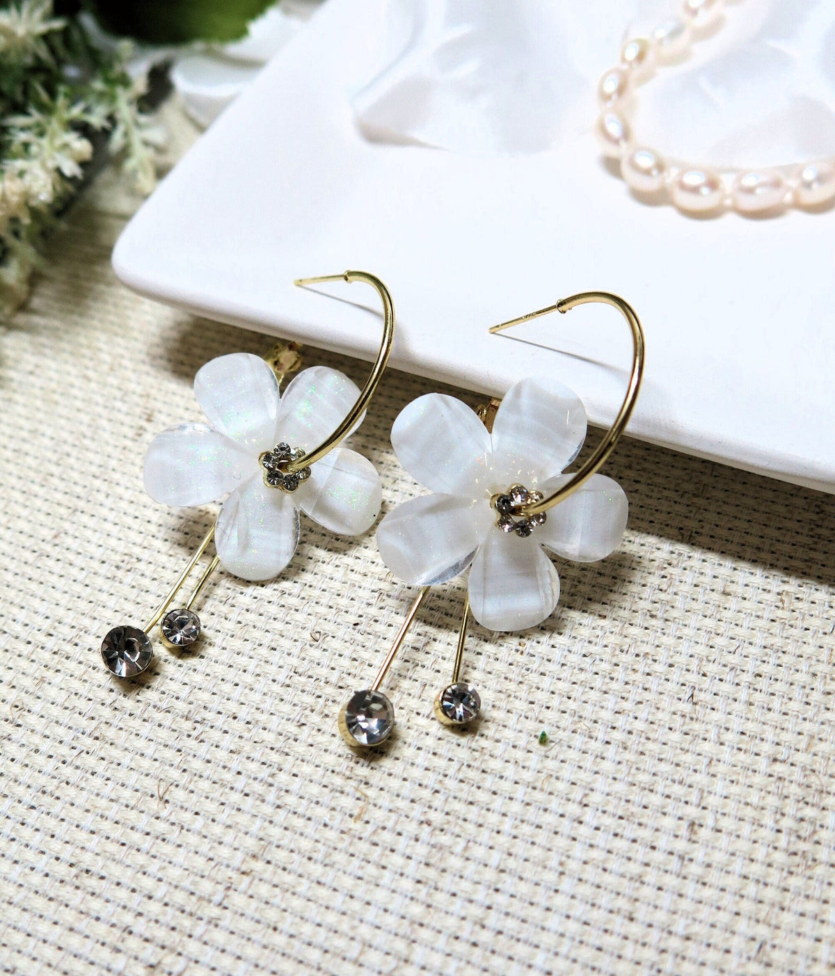 White Flower Dangle Crystal Charm Hoop Earrings, Omega Latch Back Gold Hoop Earrings with Removable Dangles - KaleaBoutique.com