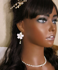 White Flower Dangle Crystal Charm Hoop Earrings, Omega Latch Back Gold Hoop Earrings with Removable Dangles - KaleaBoutique.com