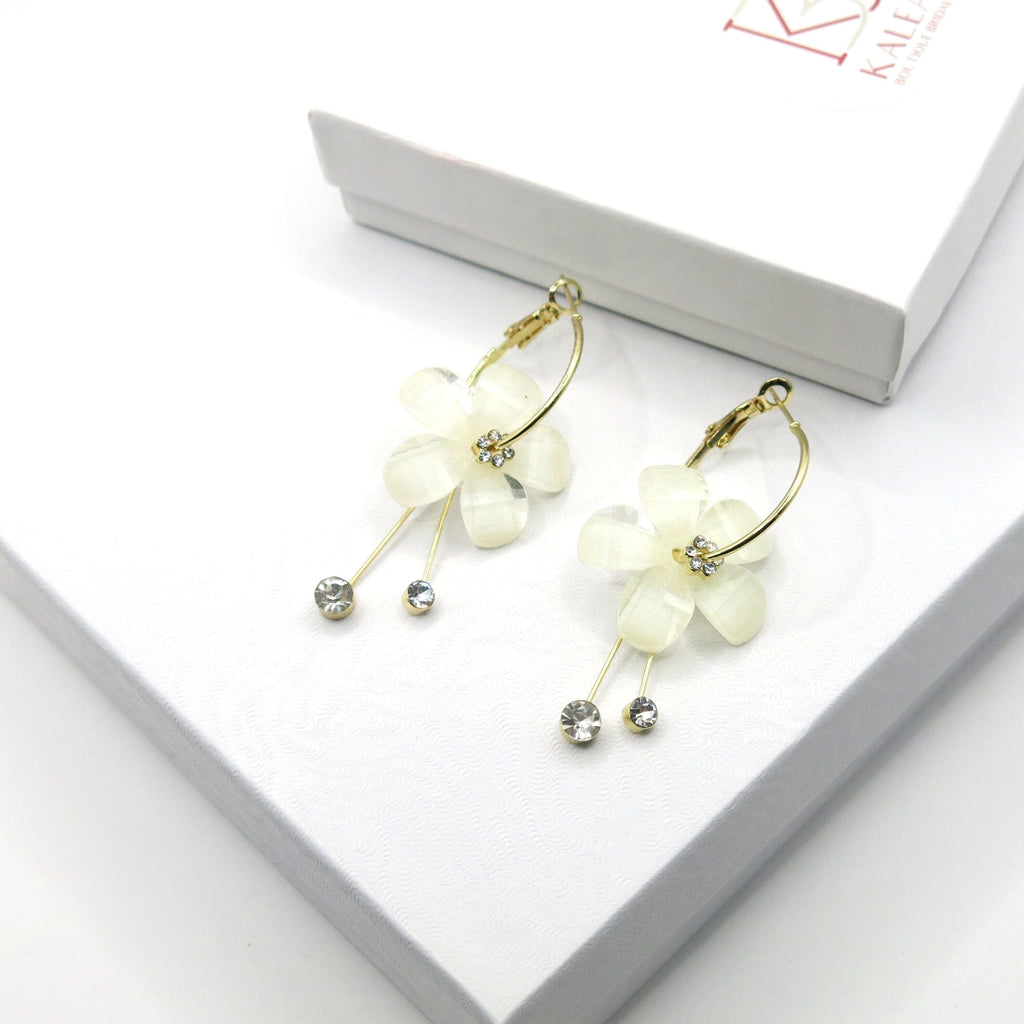 White Flower Dangle Crystal Charm Hoop Earrings, Omega Latch Back Gold Hoop Earrings with Removable Dangles - KaleaBoutique.com