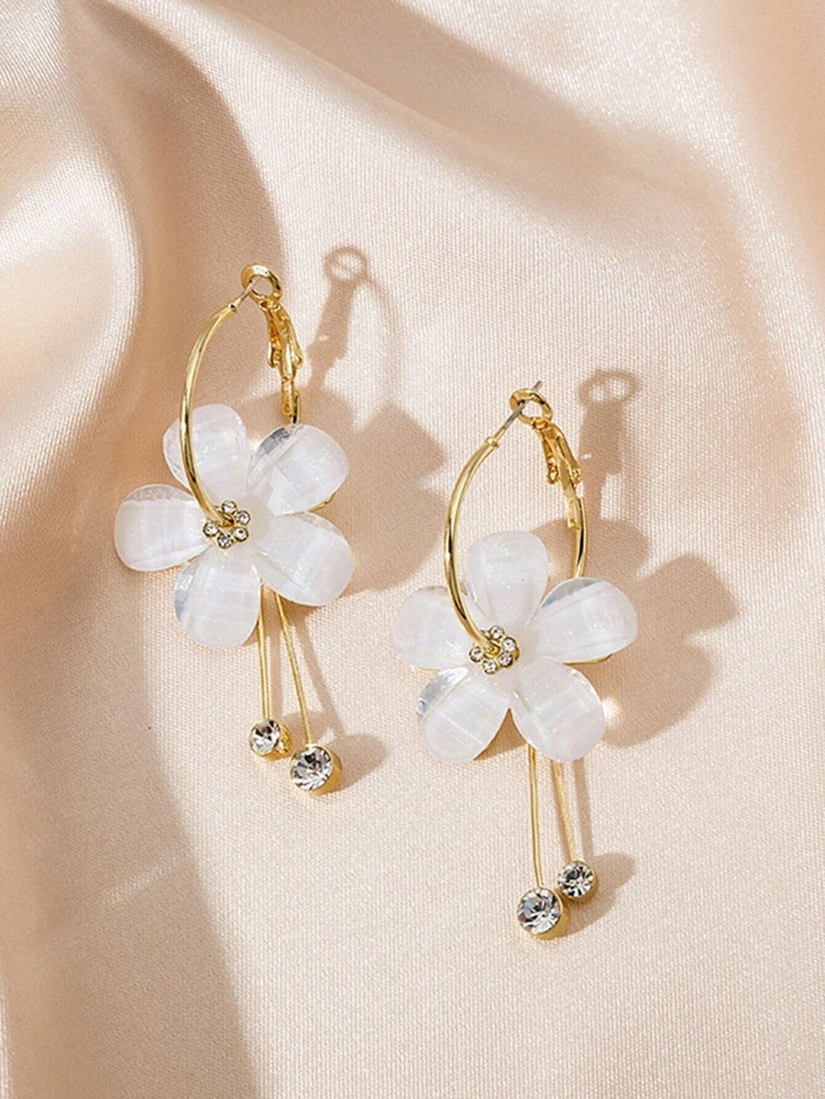 White Flower Dangle Crystal Charm Hoop Earrings, Omega Latch Back Gold Hoop Earrings with Removable Dangles - KaleaBoutique.com