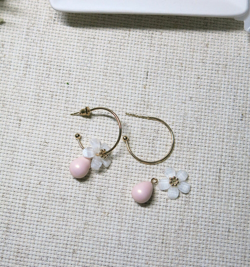 White Flowerhead Hoop Earrings, Minimalist Wedding Bridal or Bridesmaid Hooped Studs, Pink or Aqua Dangle - KaleaBoutique.com