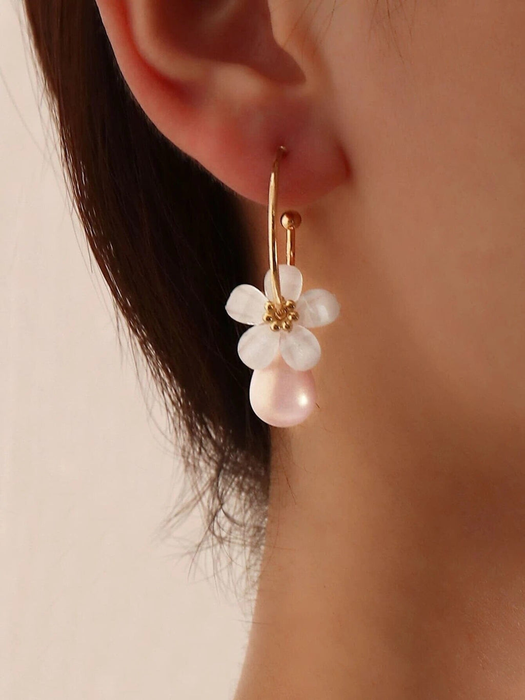 White Flowerhead Hoop Earrings, Minimalist Wedding Bridal or Bridesmaid Hooped Studs, Pink or Aqua Dangle - KaleaBoutique.com