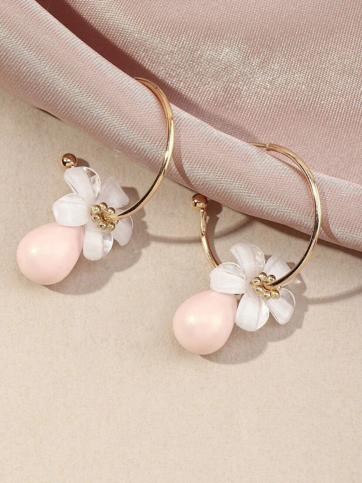 White Flowerhead Hoop Earrings, Minimalist Wedding Bridal or Bridesmaid Hooped Studs, Pink or Aqua Dangle - KaleaBoutique.com