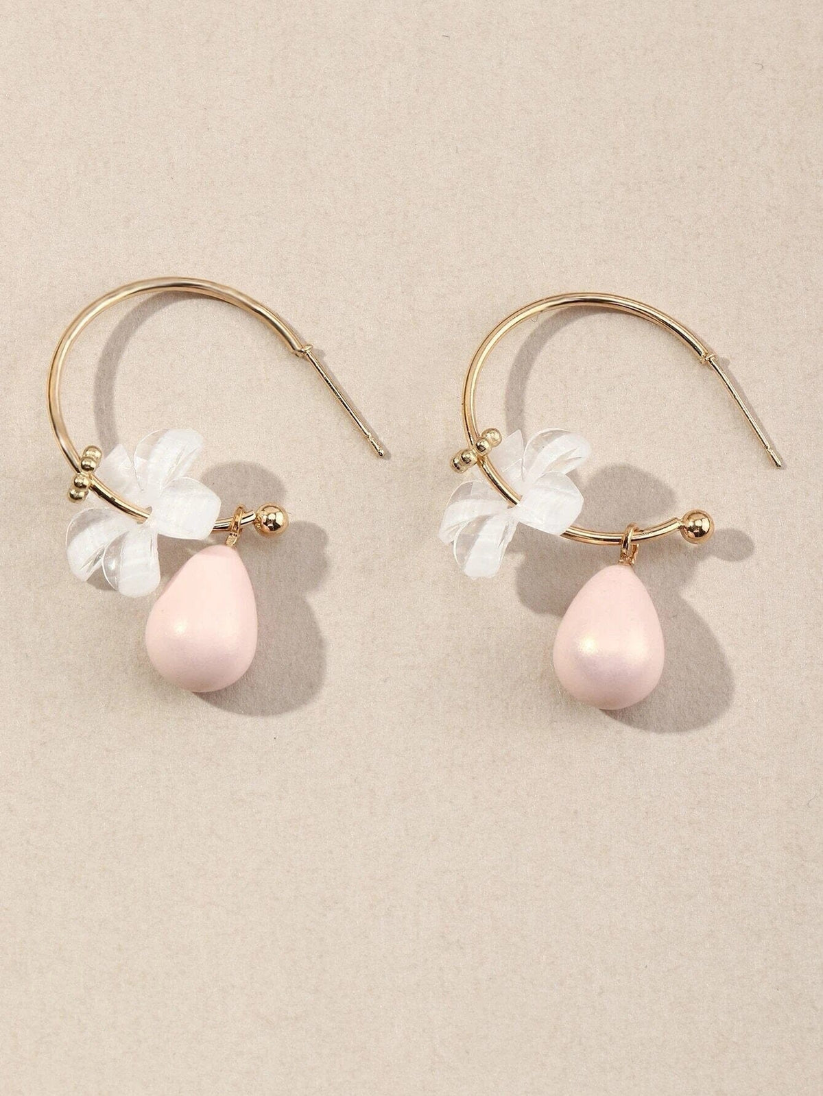 White Flowerhead Hoop Earrings, Minimalist Wedding Bridal or Bridesmaid Hooped Studs, Pink or Aqua Dangle - KaleaBoutique.com