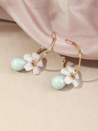 White Flowerhead Hoop Earrings, Minimalist Wedding Bridal or Bridesmaid Hooped Studs, Pink or Aqua Dangle - KaleaBoutique.com