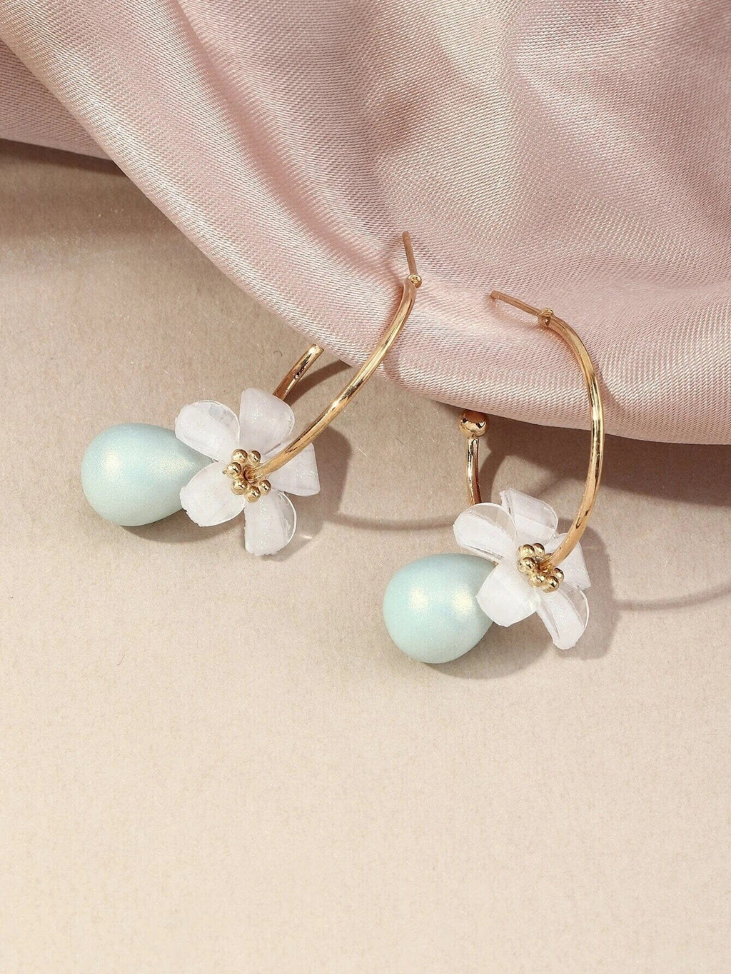 White Flowerhead Hoop Earrings, Minimalist Wedding Bridal or Bridesmaid Hooped Studs, Pink or Aqua Dangle - KaleaBoutique.com