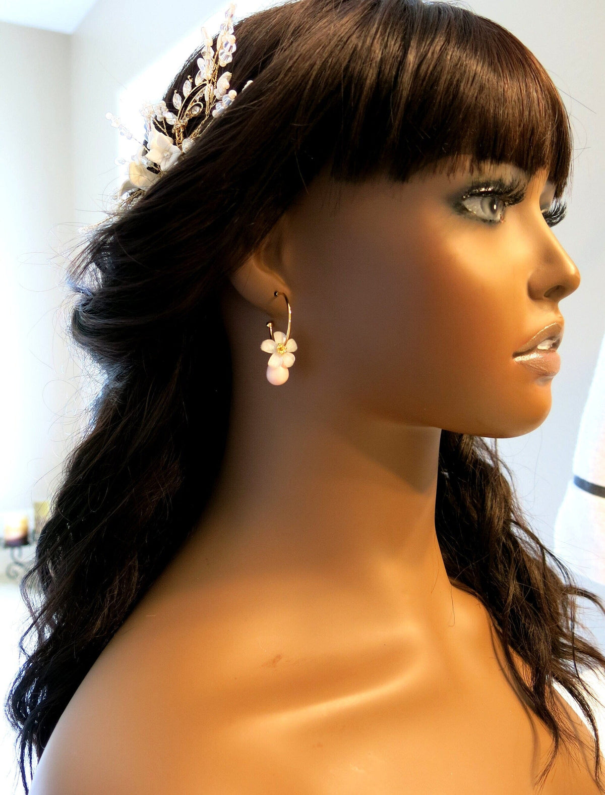 White Flowerhead Hoop Earrings, Minimalist Wedding Bridal or Bridesmaid Hooped Studs, Pink or Aqua Dangle - KaleaBoutique.com