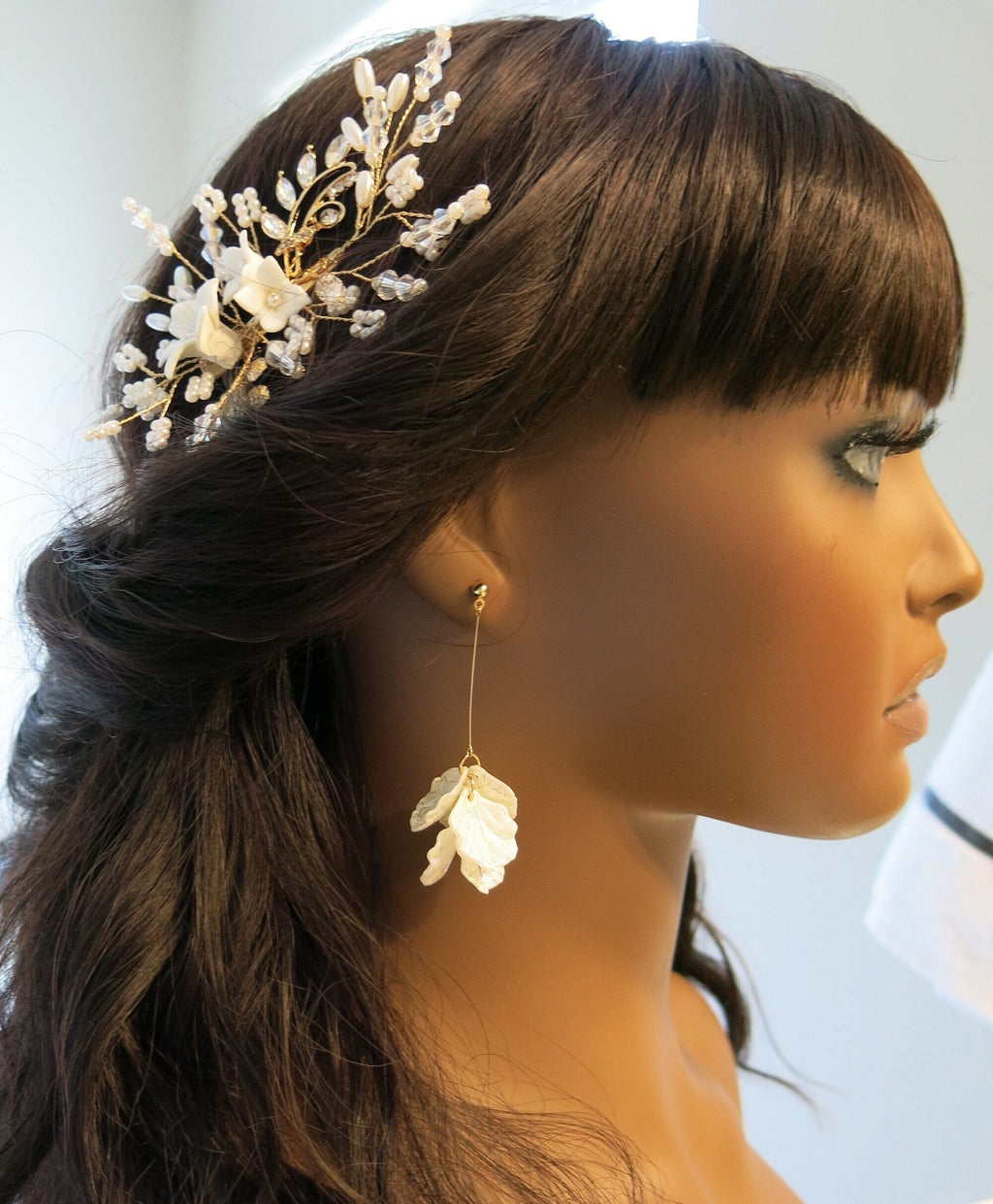 White Frosted Petal Tassel Earrings, Floral Gold Dangle Studs, Translucent Petal Wedding Dangle Earrings, Bridal Flower Fashion Studs - KaleaBoutique.com