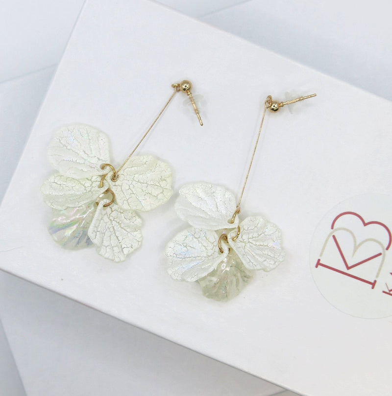 White Frosted Petal Tassel Earrings, Floral Gold Dangle Studs, Translucent Petal Wedding Dangle Earrings, Bridal Flower Fashion Studs - KaleaBoutique.com