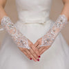 White Lace Long Bridal Gloves, Embroidered Chiffon Wedding Gloves, Rhinestone Crystal Lace Up Gloves, 1 Pair - KaleaBoutique.com