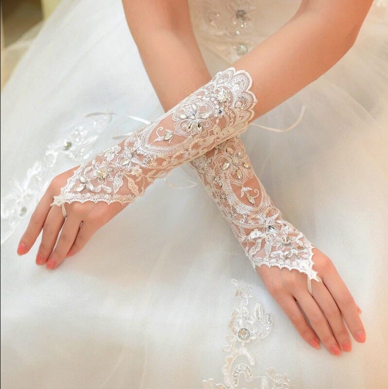 White Lace Long Bridal Gloves, Embroidered Chiffon Wedding Gloves, Rhinestone Crystal Lace Up Gloves, 1 Pair - KaleaBoutique.com