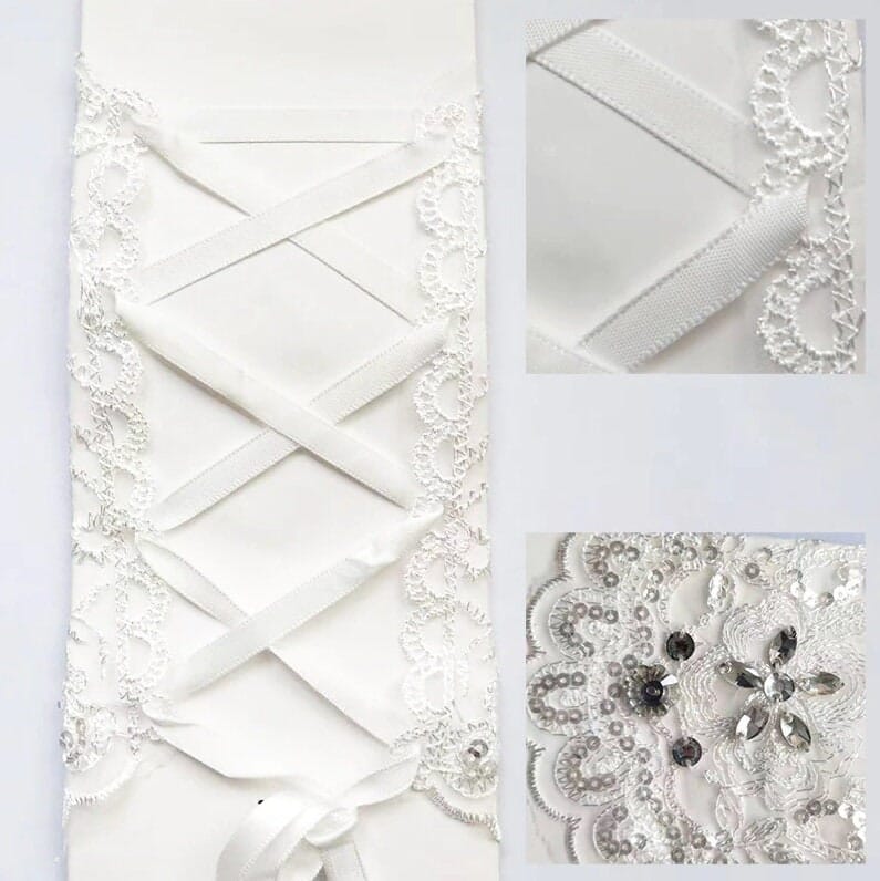 White Lace Long Bridal Gloves, Embroidered Chiffon Wedding Gloves, Rhinestone Crystal Lace Up Gloves, 1 Pair - KaleaBoutique.com