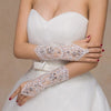 White Lace Long Bridal Gloves, Embroidered Chiffon Wedding Gloves, Rhinestone Crystal Lace Up Gloves, 1 Pair - KaleaBoutique.com