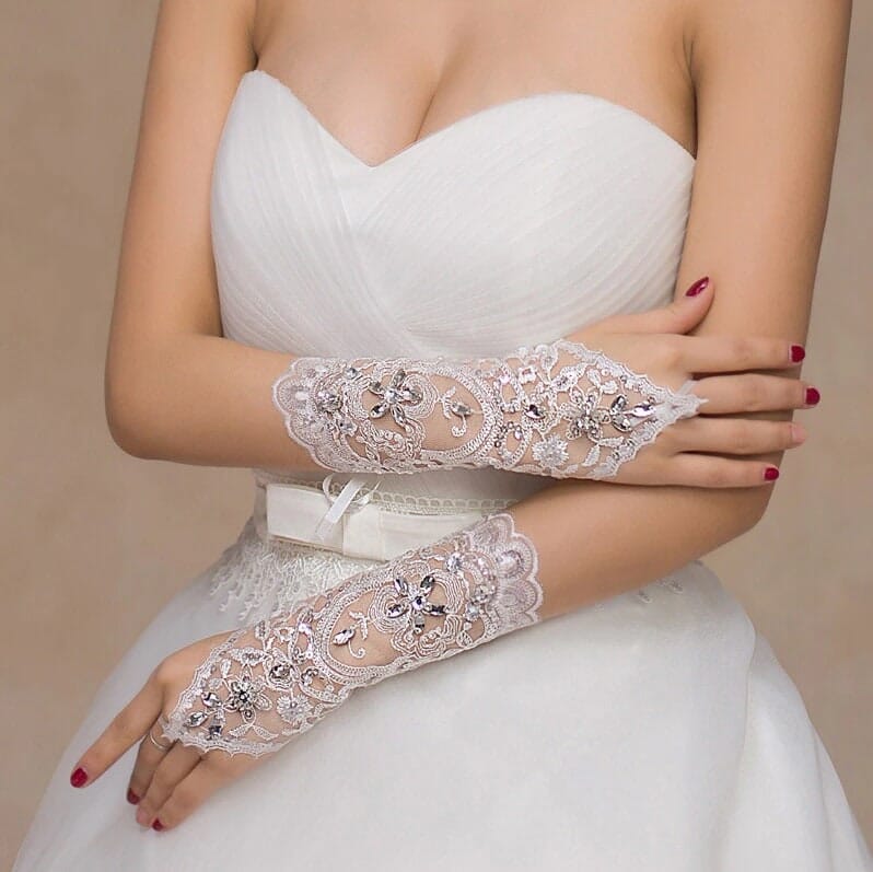 White Lace Long Bridal Gloves, Embroidered Chiffon Wedding Gloves, Rhinestone Crystal Lace Up Gloves, 1 Pair - KaleaBoutique.com