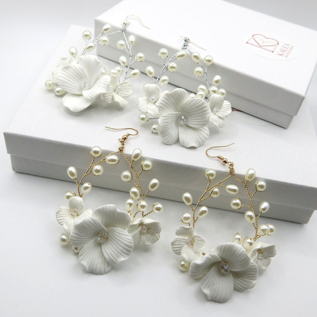 White Large Flower Dangle Hoop Earrings, Bridal Floral Hooped Earrings, Wedding Flower Pearl Wire Hoop Earrings - KaleaBoutique.com