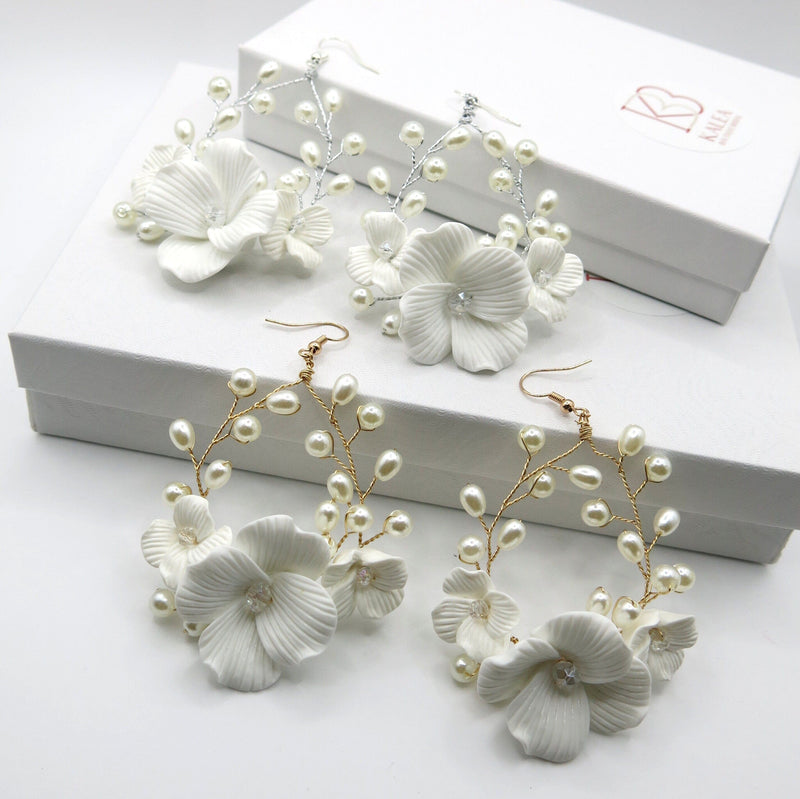 White Large Flower Dangle Hoop Earrings, Bridal Floral Hooped Earrings, Wedding Flower Pearl Wire Hoop Earrings - KaleaBoutique.com