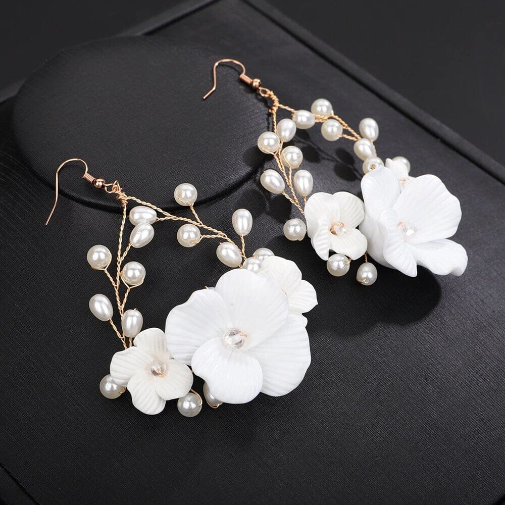 White Large Flower Dangle Hoop Earrings, Bridal Floral Hooped Earrings, Wedding Flower Pearl Wire Hoop Earrings - KaleaBoutique.com