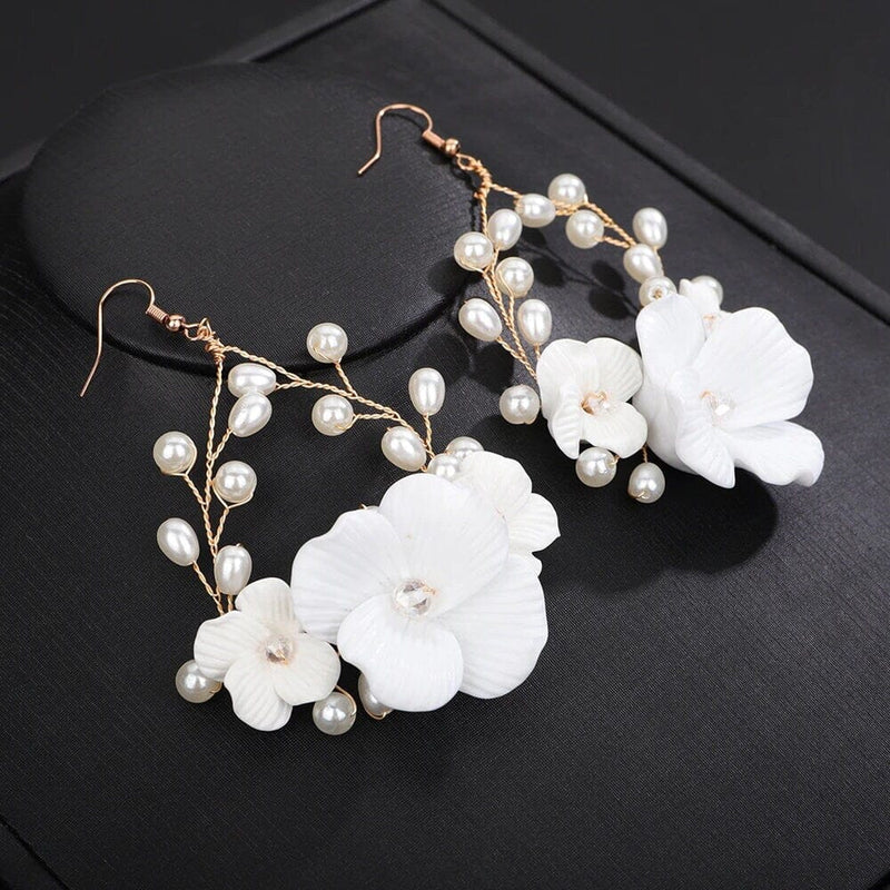 White Large Flower Dangle Hoop Earrings, Bridal Floral Hooped Earrings, Wedding Flower Pearl Wire Hoop Earrings - KaleaBoutique.com