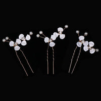 White Metal Flower Bride 3 PC Hairpin Set, Wedding Floral Minimalist Hair Pins, Bridesmaid Gold Wire Flower Hairpiece - KaleaBoutique.com