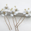 White Metal Flower Bride 3 PC Hairpin Set, Wedding Floral Minimalist Hair Pins, Bridesmaid Gold Wire Flower Hairpiece, Pearl Leaf Headpiece - KaleaBoutique.com