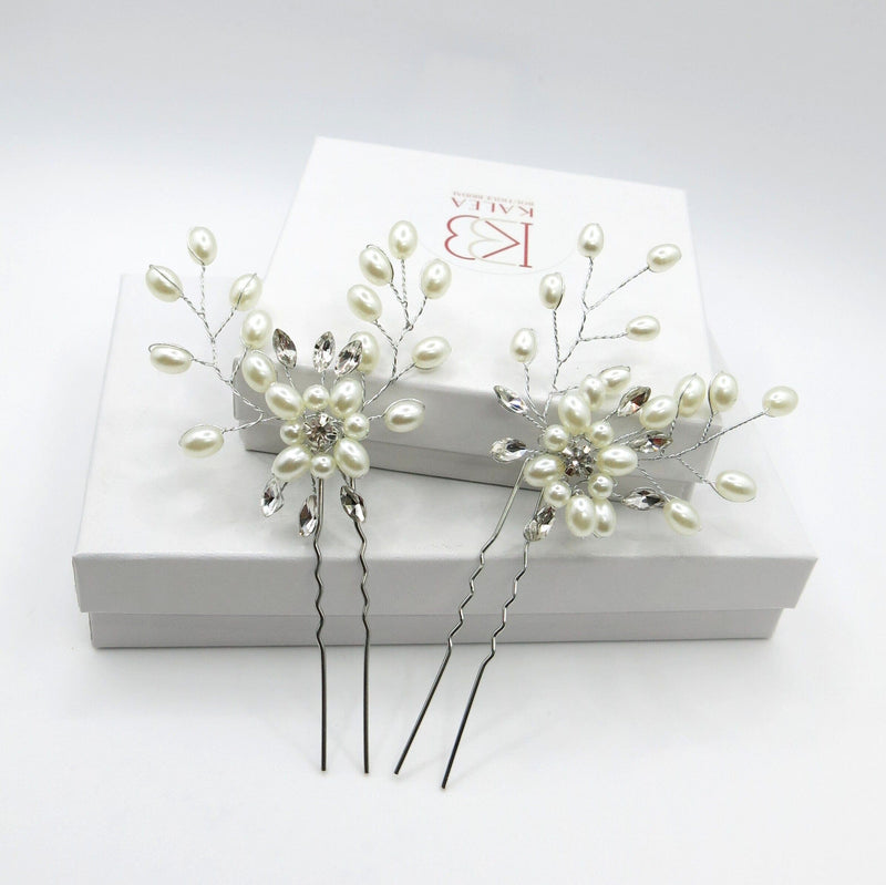 White Oval Pearl Flower 2 PC Hairpin Set, Bridal Hand Wired Pearl Hair Pins, Wedding Prom Floral Pearl Hairpiece - KaleaBoutique.com