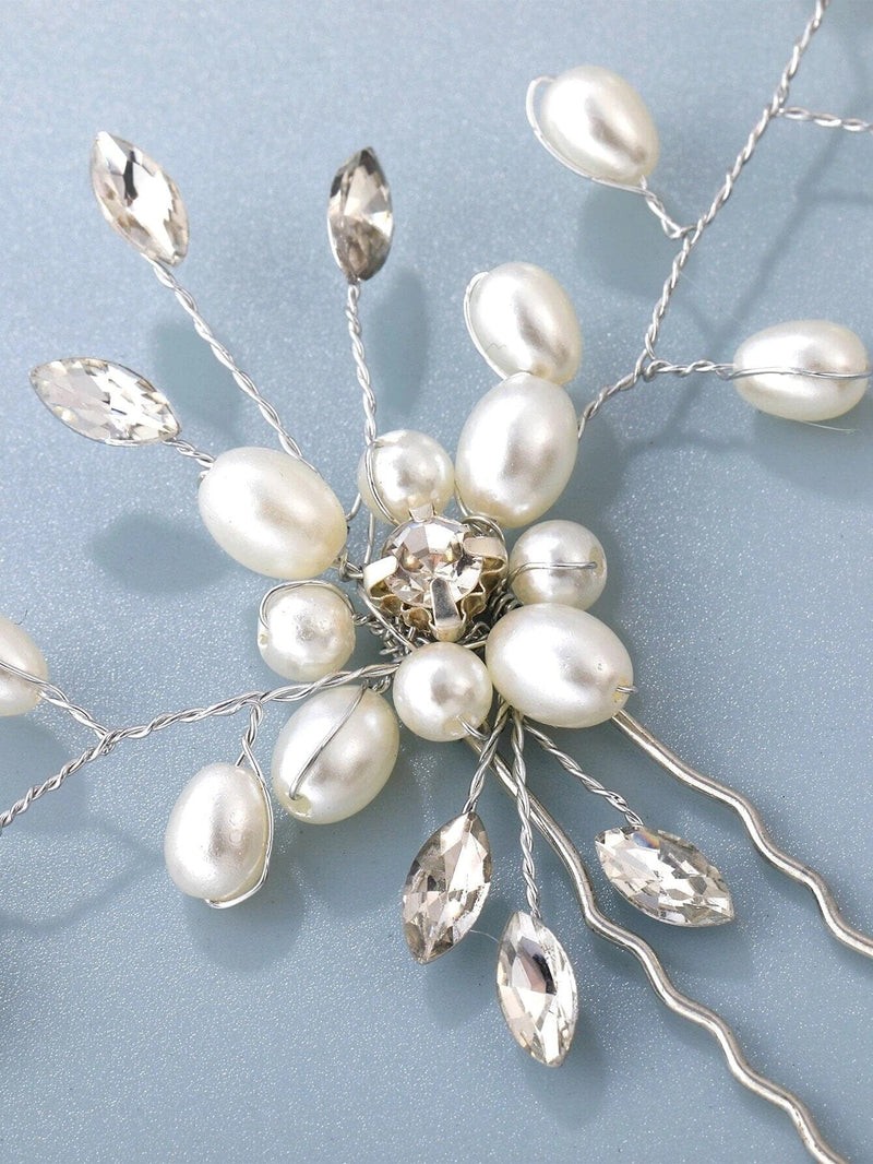 White Oval Pearl Flower 2 PC Hairpin Set, Bridal Hand Wired Pearl Hair Pins, Wedding Prom Floral Pearl Hairpiece - KaleaBoutique.com