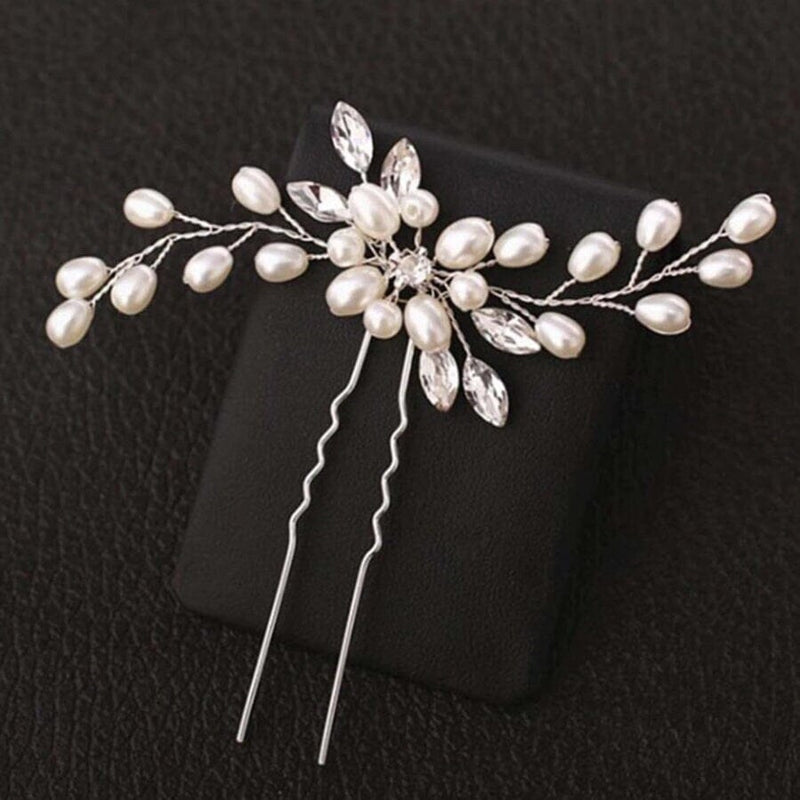 White Oval Pearl Flower 2 PC Hairpin Set, Bridal Hand Wired Pearl Hair Pins, Wedding Prom Floral Pearl Hairpiece - KaleaBoutique.com