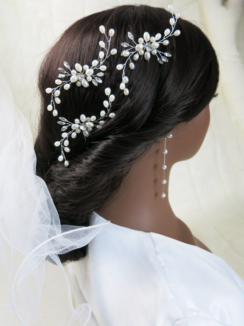 White Oval Pearl Flower 2 PC Hairpin Set, Bridal Hand Wired Pearl Hair Pins, Wedding Party Silver Wire Floral Pearl Cluster Hairpiece - KaleaBoutique.com