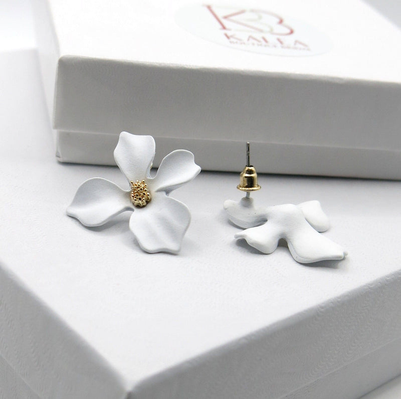 White Oversized Flowerhead Studs, Pearl Cluster Accent Flowers, Wedding Bridal Bridesmaid Glam Floral Fashion Statement 1.0"L Stud Earrings - KaleaBoutique.com
