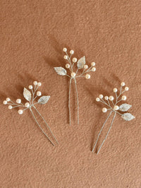 White Pearl and Metal Leaf 3 PC Hairpin Set, Bridal Pearl Wire Hair Pins, Prom Pearl Headpiece Set - KaleaBoutique.com