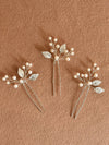 White Pearl and Metal Leaf 2 PC Hairpin Set, Bridal Fashion Hairdo Headpiece, Pearl Branch Wire Hairpiece, Embossed Leaf Bride Hair Pins - KaleaBoutique.com