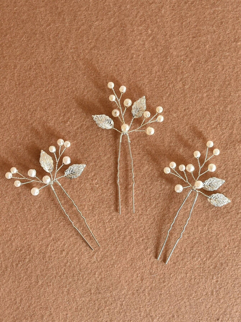 White Pearl and Metal Leaf 3 PC Hairpin Set, Bridal Pearl Wire Hair Pins, Prom Pearl Headpiece Set - KaleaBoutique.com