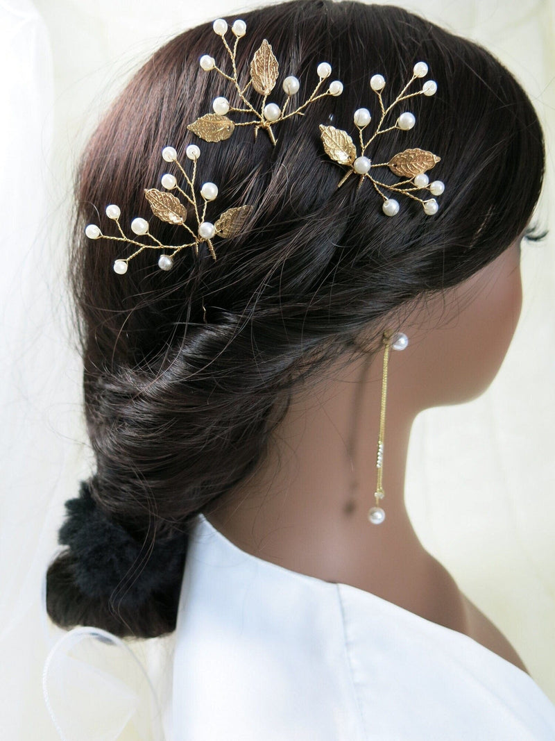 White Pearl and Metal Leaf 3 PC Hairpin Set, Bridal Pearl Wire Hair Pins, Prom Pearl Headpiece Set - KaleaBoutique.com