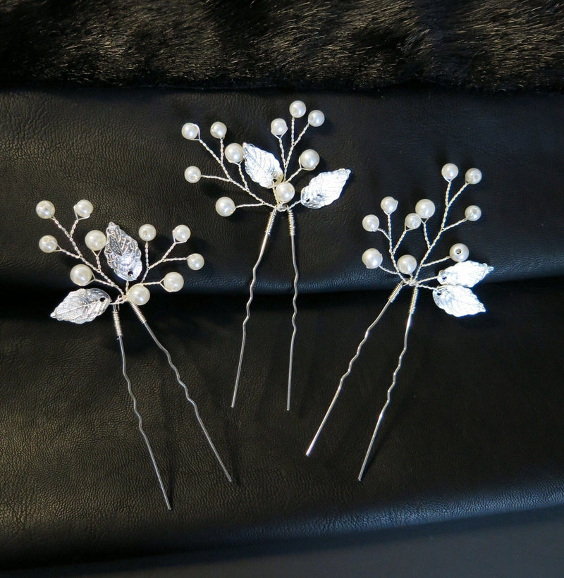 White Pearl and Metal Leaf 3 PC Hairpin Set, Bridal Pearl Wire Hair Pins, Prom Pearl Headpiece Set - KaleaBoutique.com