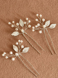 White Pearl and Metal Leaf 3 PC Hairpin Set, Bridal Pearl Wire Hair Pins, Prom Pearl Headpiece Set - KaleaBoutique.com