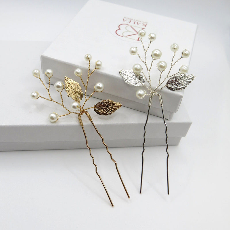 White Pearl and Metal Leaf 3 PC Hairpin Set, Bridal Pearl Wire Hair Pins, Prom Pearl Headpiece Set - KaleaBoutique.com