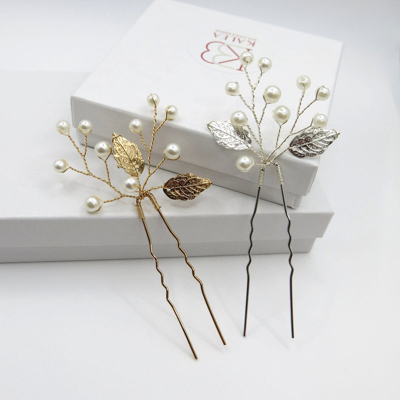 White Pearl and Metal Leaf 2 PC Hairpin Set, Bridal Fashion Hairdo Headpiece, Pearl Branch Wire Hairpiece, Embossed Leaf Bride Hair Pins - KaleaBoutique.com