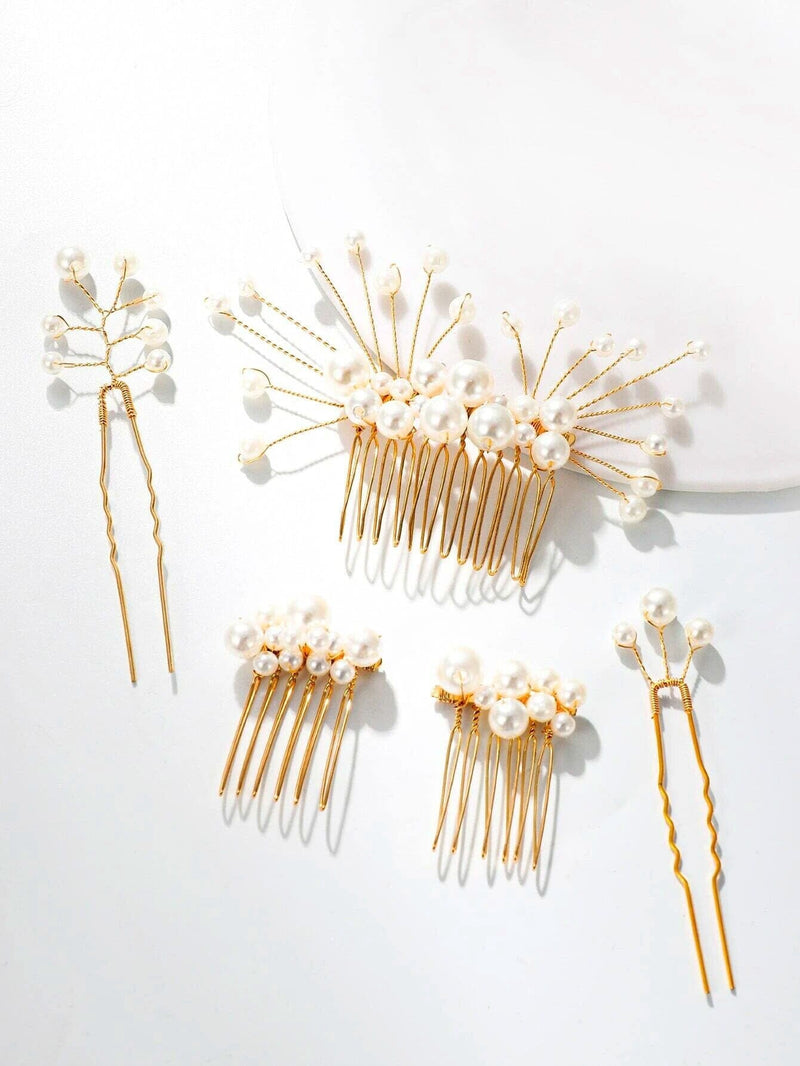 White Pearl Cluster Bridal 5 PC Hair Comb Set, Wedding Gold Wire Pearl Hair Combs and Hairpins Set, Bridesmaid Pearl Hairpieces, 5 PC Set - KaleaBoutique.com