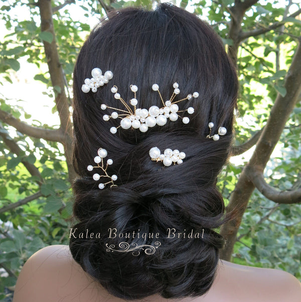 White Pearl Cluster Bridal 5 PC Hair Comb Set, Wedding Gold Wire Pearl Hair Combs and Hairpins, 5 PC Set - KaleaBoutique.com
