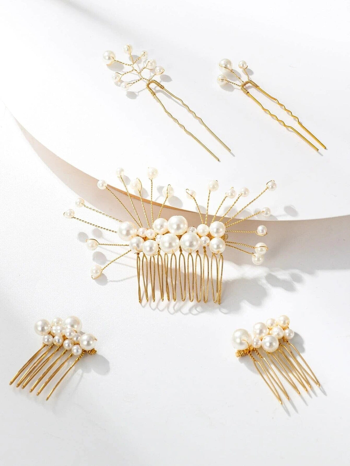 White Pearl Cluster Bridal 5 PC Hair Comb Set, Wedding Gold Wire Pearl Hair Combs and Hairpins, 5 PC Set - KaleaBoutique.com