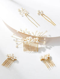 White Pearl Cluster Bridal 5 PC Hair Comb Set, Wedding Gold Wire Pearl Hair Combs and Hairpins, 5 PC Set - KaleaBoutique.com