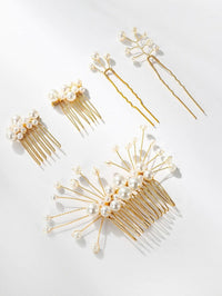 White Pearl Cluster Bridal 5 PC Hair Comb Set, Wedding Gold Wire Pearl Hair Combs and Hairpins, 5 PC Set - KaleaBoutique.com