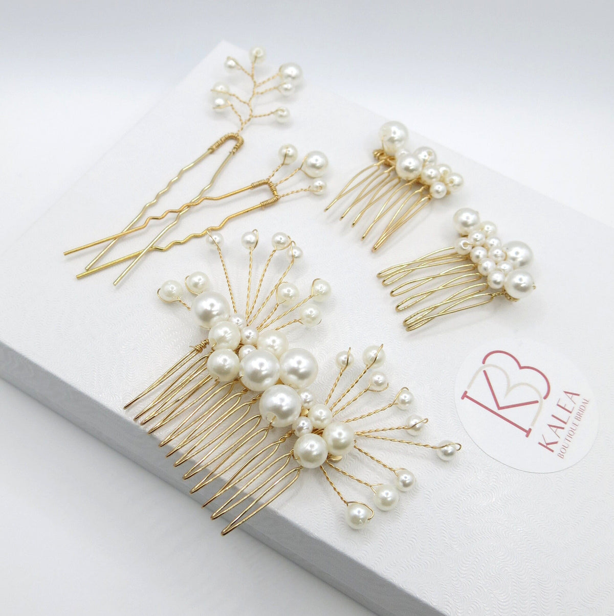 White Pearl Cluster Bridal 5 PC Hair Comb Set, Wedding Gold Wire Pearl Hair Combs and Hairpins, 5 PC Set - KaleaBoutique.com