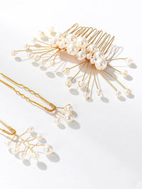 White Pearl Cluster Bridal 5 PC Hair Comb Set, Wedding Gold Wire Pearl Hair Combs and Hairpins, 5 PC Set - KaleaBoutique.com
