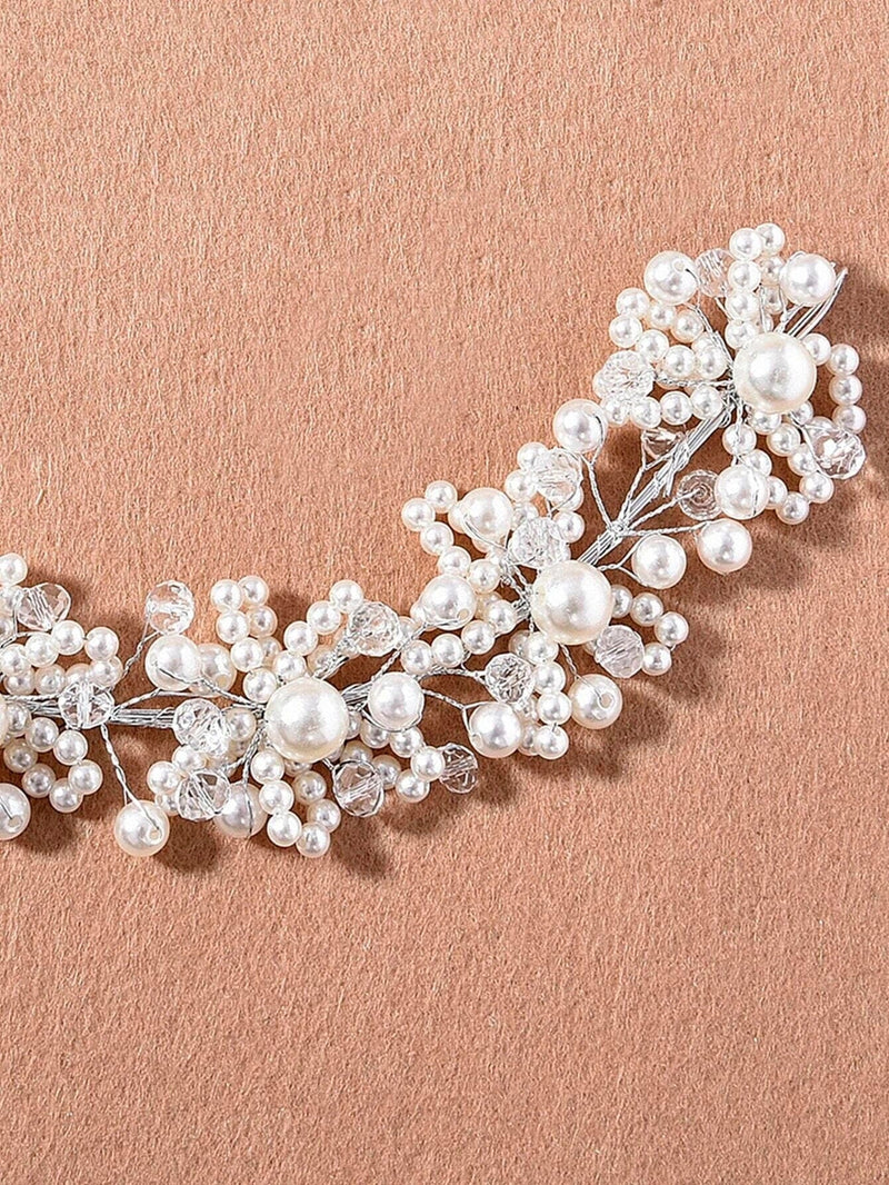 White Pearl Cluster Bridal Wire Tiara, Wedding Pearl Headband, White Bridal Head Wreath, Pearl Beaded 10" Silver Vintage Inspired Hairpiece - KaleaBoutique.com