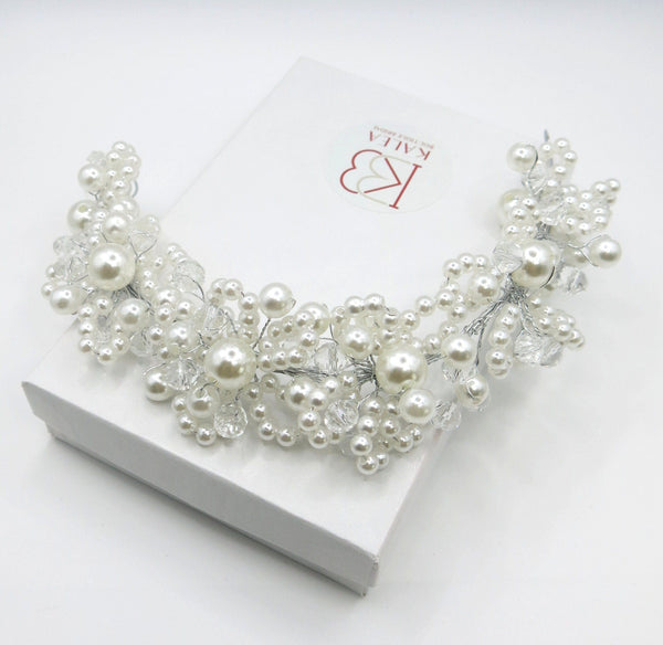 White Pearl Bridal Wire Tiara, Wedding Pearl Headband, Bridal Shower Pearl Head Wreath, Pearl Hair Vine - KaleaBoutique.com