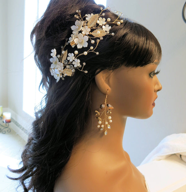 White Pearl Flower 2 PC Hairclip Set, Wedding Floral Hairclips, Bridal or Prom White Flower Hairpiece - KaleaBoutique.com
