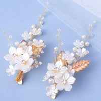 White Pearl Flower 2 PC Hairclip Set, Wedding Floral Hairclips, Bridal or Prom White Flower Hairpiece - KaleaBoutique.com